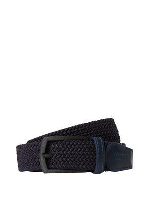Cintura in tessuto intrecciato blu navy scuro con fibbia rettangolare nera e estremità in pelle cucita, arrotolata.