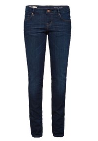 Tmavě modré slim-fit džíny s pěti kapsami a zapínáním na knoflík, do kolen s mírným vyblednutím na stehnech.