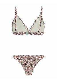 Cvjetni bikini set s trokutastim braletom koji ima valovite rubove i podesive naramenice, uparen s odgovarajućim suknjičastim donjim dijelom.