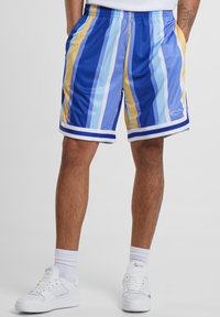 Blå og gule stripete shorts har lett materiale, elastisk midje og hvit innredning. Pyntet med vertikale linjer i varierende bredder.