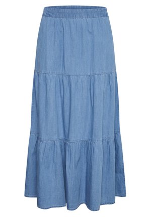 Fustă din denim cu un design pe straturi, culoare albastru deschis, talie elastică și textură plisată, ajungând până la jumătatea gambei.