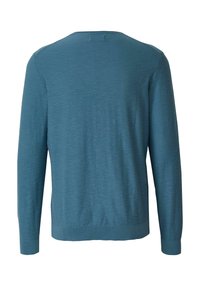 Blauer Pullover mit Rundhalsausschnitt und langen Ärmeln, von hinten gezeigt, mit gerippten Bündchen und Saum, einfarbige Strickstruktur ohne sichtbare Muster oder Logos.