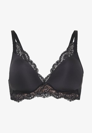 Fekete melltartó csipkés díszítéssel, mély dekoltázzsal, állítható pántokkal és sima párnázott kosarakkal. Díszes masni a középső részen.