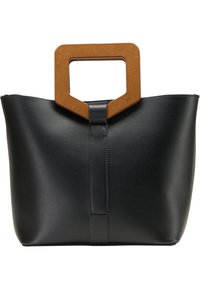 Bolso tote de imitación de cuero negro con un mango cuadrado de madera, con una costura en el centro y textura suave. Sin herrajes ni acentos visibles.
