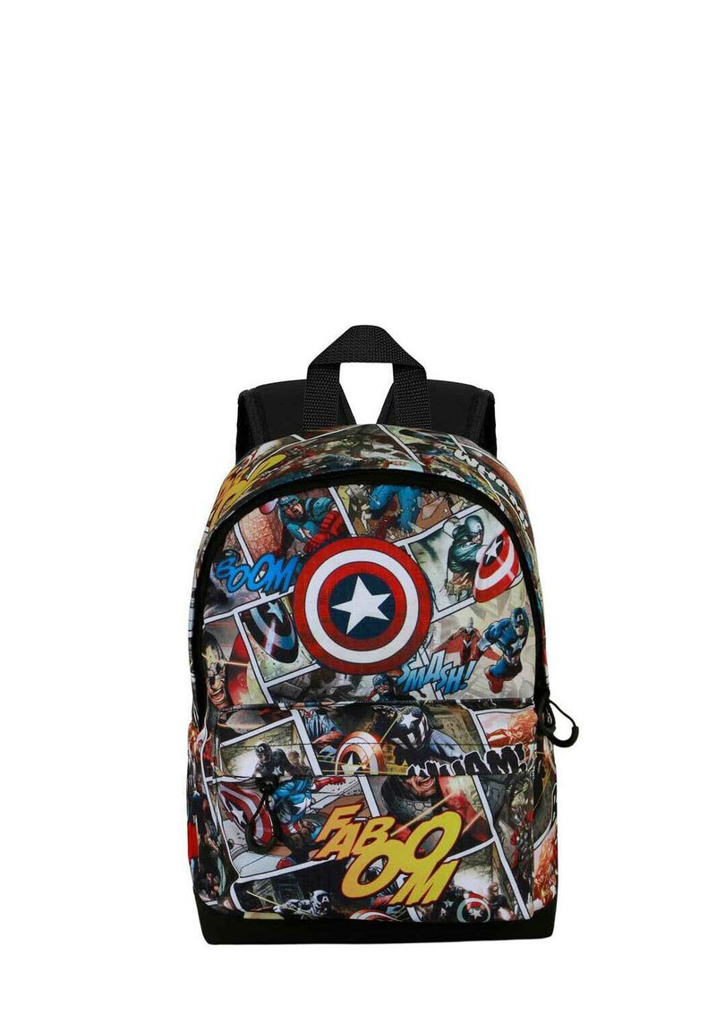 Sac à dos sur le thème des bandes dessinées avec une base noire, des illustrations colorées de super-héros et un design de bouclier circulaire rouge et blanc bien en vue.