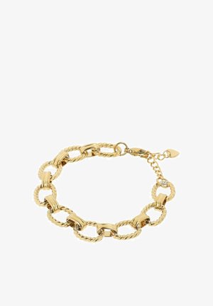 Bracelet chaîne de couleur dorée composé de maillons torsadés et lisses, avec une fermeture à mousqueton et une chaîne réglable pour la taille.