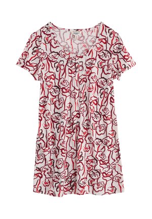 Wit jurkje met korte mouwen, voorzien van abstracte bloemmotieven in rood en donkerroze, een ronde halslijn en plooien aan de voorkant.