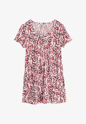 Wit jurkje met korte mouwen, voorzien van abstracte bloemmotieven in rood en donkerroze, een ronde halslijn en plooien aan de voorkant.