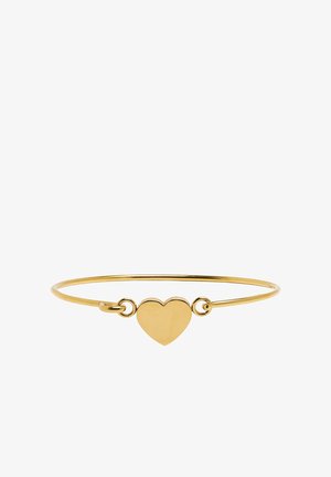Złota bransoletka w formie bangla z gładkim sercem na środku, charakteryzująca się minimalistycznym designem i okrągłym kształtem.