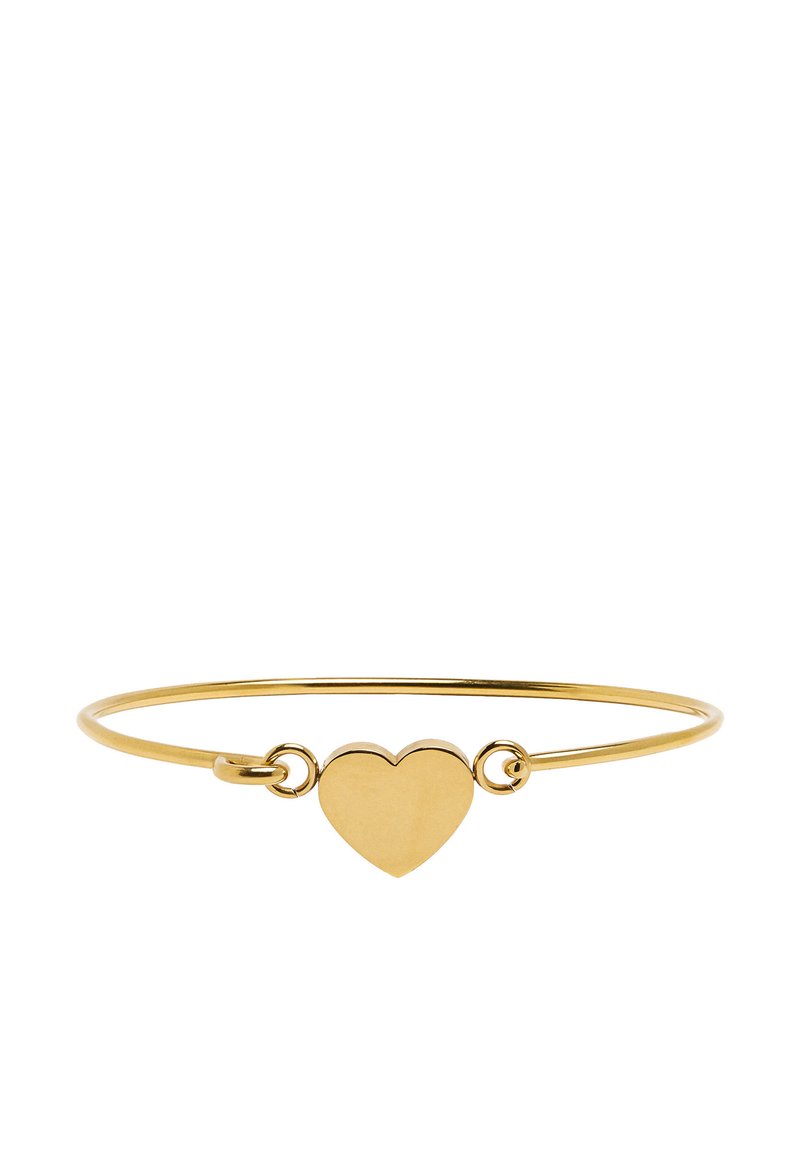 Złota bransoletka w formie bangla z gładkim sercem na środku, charakteryzująca się minimalistycznym designem i okrągłym kształtem.