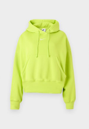 Neon grøn cropped hoodie lavet af blød stof, med en frontlomme, justerbare snore og et hvidt Nike-logo på brystet.