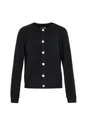 Melnas ribu adījuma cardigan ar garām piedurknēm un sešām baltām pogām priekšpusē, ar apaļu dekoltē.