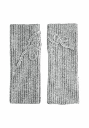 Gray ribbed knit wrist warmers with a textured finish and bow tie accents on each piece. Soft, flexible, and designed for comfort.