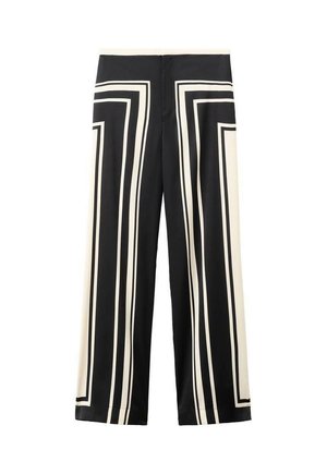 Pantaloni largi negri și crem cu modele geometrice în dungi, având o talie plată și o textură netedă, țesută.