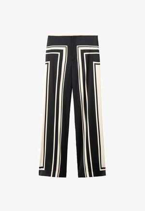 Schwarz- und cremefarbene Hosen mit weitem Bein und geometrischen Streifenmustern, ausgestattet mit einem flachen Bund und einer glatten, gewebten Textur.