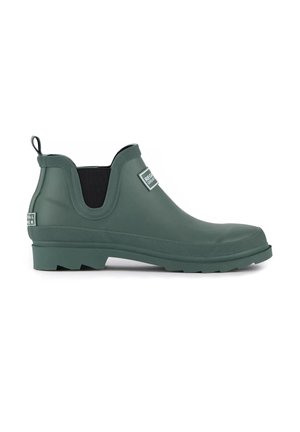 Botte de pluie courte en caoutchouc vert avec panneaux latéraux élastiques noirs et écussons de marque à l'avant et à l'arrière.