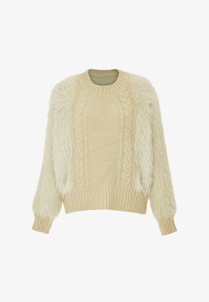 Cremefarbenes Sweatshirt mit einem strukturierten Strickkörper, das fellartige Akzente an den Ärmeln sowie gerippte Bündchen und einen Saum aufweist.