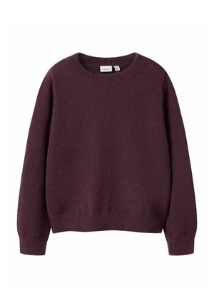 Pull ras du cou bordeaux, fabriqué à partir d'un tissu doux. Il possède des manches longues et un ourlet ajusté, avec une texture lisse et un design minimaliste.