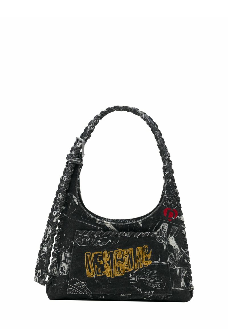 Sort skuldertaske i stof med graffiti-stil design, rynket strop, forlommer og gult "DESIGUAL"-tekst på fronten.