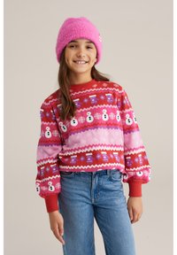 Sarkans un rozā rakstains džemperis ar sniega vīra un sniegpārsliņu dizainu. Iedibināta apaļa kakla izgriezums un pūkainas piedurknes, kombinēts ar gaiši ziliem džinsiem.