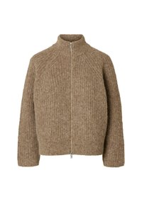 Pull en laine marron à zip avec col haut, texture côtelée et manches raglan. Fermeture éclair à l'avant et coupe décontractée.