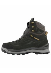 Schwarzer Wanderschuh mit einem Obermaterial aus Wildleder und Mesh, verstärkter Zehenkappe, drei Ösen und einer strukturierten Gummisohle für besseren Halt.