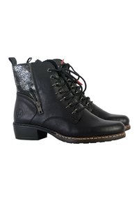 Bottines en cuir noir avec un laçage sur le devant, fermeture éclair sur le côté, talon bas en bloc et panneau texturé métallique à l'arrière.