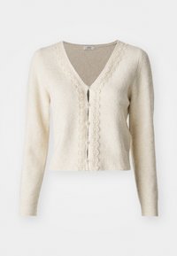 Kremfarget cardigans med V-hals, lange ermer og teksturert, blonderkant langs fronten. Har perleknapper nedover midten. Mykt materiale.