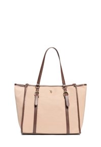 Borsa tote beige con accenti e manici in finta pelle marrone. Presenta un dettaglio del logo dorato ed è strutturata con due manici superiori.