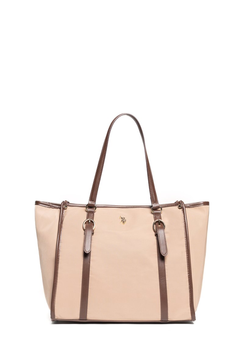 Borsa tote beige con accenti e manici in finta pelle marrone. Presenta un dettaglio del logo dorato ed è strutturata con due manici superiori.