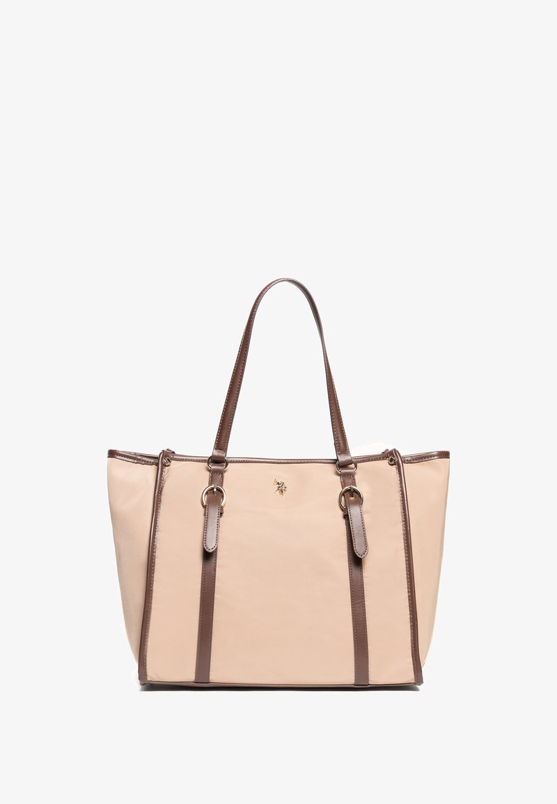 Borsa tote beige con accenti e manici in finta pelle marrone. Presenta un dettaglio del logo dorato ed è strutturata con due manici superiori.