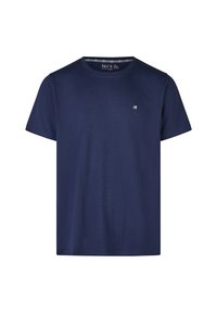 Mørkeblå bomulds T-shirt med rund hals, korte ærmer og et lille palmetræ broderet på brystet. Glat tekstur, afslappet pasform.