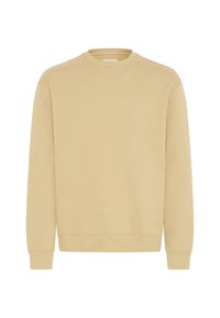Light beige sweatshirt, crew neck design, long sleeves, ribbed cuffs and hem, smooth texture, casual style, no patterns or accents.