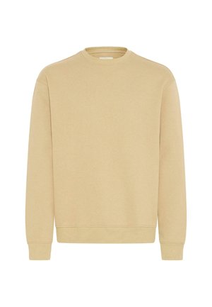 Light beige sweatshirt, crew neck design, long sleeves, ribbed cuffs and hem, smooth texture, casual style, no patterns or accents.