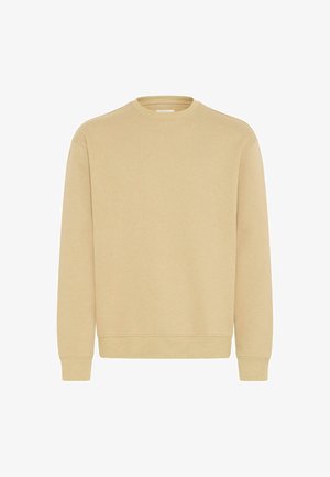 Light beige sweatshirt, crew neck design, long sleeves, ribbed cuffs and hem, smooth texture, casual style, no patterns or accents.