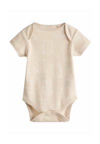 Ljusbeige kortärmad bodysuit i mjuk bomull, med ett upprepat mönster av vita björnar och tryckknappar i botten.