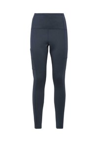 Leggings en tissu extensible bleu marine avec une taille haute, des poches latérales et des coutures plates pour plus de confort. Texture lisse et élégante avec un design ajusté.