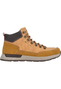 Brown leather and suede high-top shoes with metal eyelets, contrasting gray collar, textured sole, and small logo detail on the side.