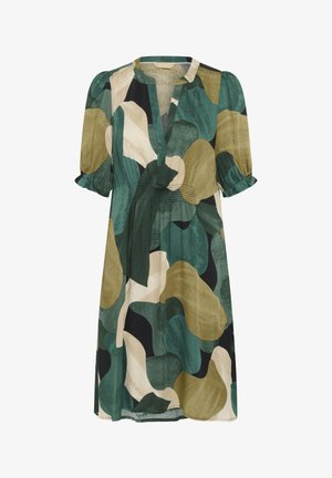 Lühikeste varrukatega V-kaelusega kleit, millel on roheline, beež ja must abstraktne mustriloome; pleeditud detailid rinna all ja kergelt laienev lõige.