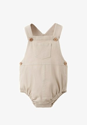 Tutina beige in cotone per neonati con spalline, tasca frontale, chiusure con bottoni sui lati e sulle spalline e aperture elastiche per le gambe.
