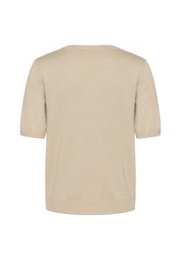 Pull beige à manches courtes avec un col et des poignets côtelés, texture lisse et coupe décontractée, présenté de dos.