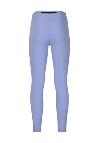 Ljusblå leggings i ett stretchigt tyg, med en hög midja som har en svart accentrand. Slät textur och figursydd design.