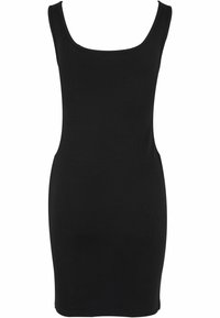 Črna rebrasta bodycon obleka z okroglim izrezom in brezrokavnim dizajnom, ki ima oprijet silhueto in gladko, raztegljivo teksturo.
