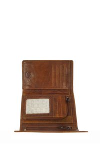 Portafoglio in pelle marrone con più slot per carte, una finestra per ID trasparente, una tasca con zip e un dettaglio in tessuto a motivo herringbone all'interno.