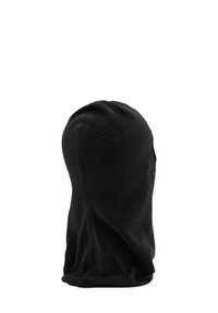 Balaclava en polaire noire avec une forme épurée, une texture lisse et une couverture complète de la tête. Pas de coutures visibles ni de détails en matériel.