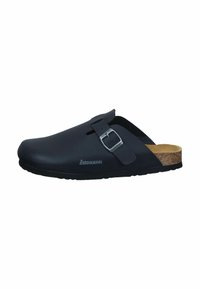 Black clogs made of synthetic material, featuring a silver buckle, cork footbed, open back, and textured outsole for grip.
