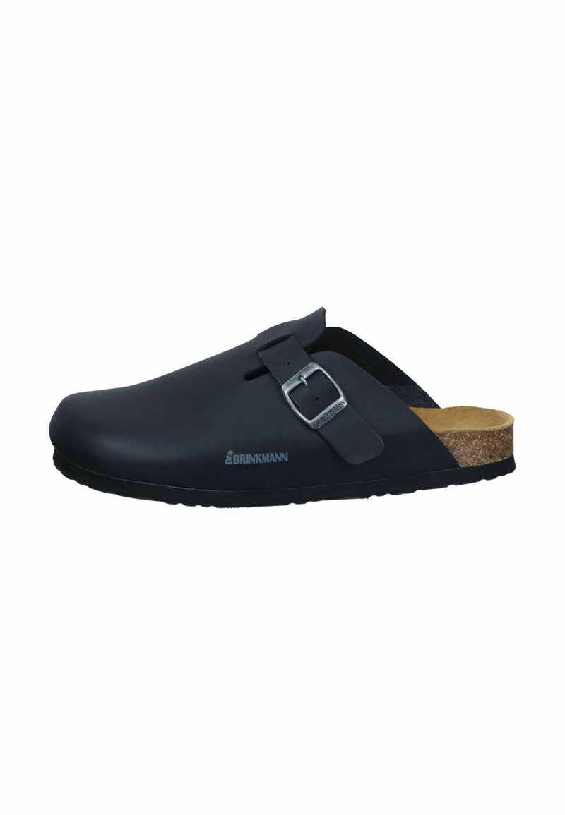 Black clogs made of synthetic material, featuring a silver buckle, cork footbed, open back, and textured outsole for grip.