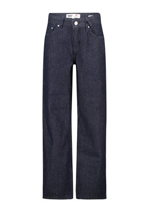 Jeans en denim bleu foncé avec des rayures verticales blanches, coupe droite, fermeture par bouton et zip à l'avant, et poches avant.