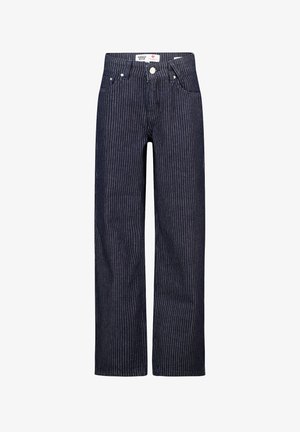 Jeans in denim blu scuro con righe verticali bianche, taglio dritto, chiusura frontale con bottone e zip, e tasche anteriori.