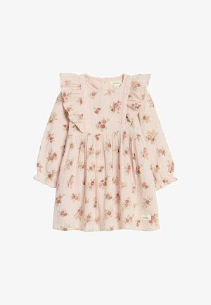 Rosa Langarm-Kinderkleid mit Blumenmuster, Rüschen an den Schultern, Spitzeneinfassung und geraffter Taille.